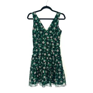 Anna Sui Floral Green Ruffled Silk Chiffon Mini Sundress